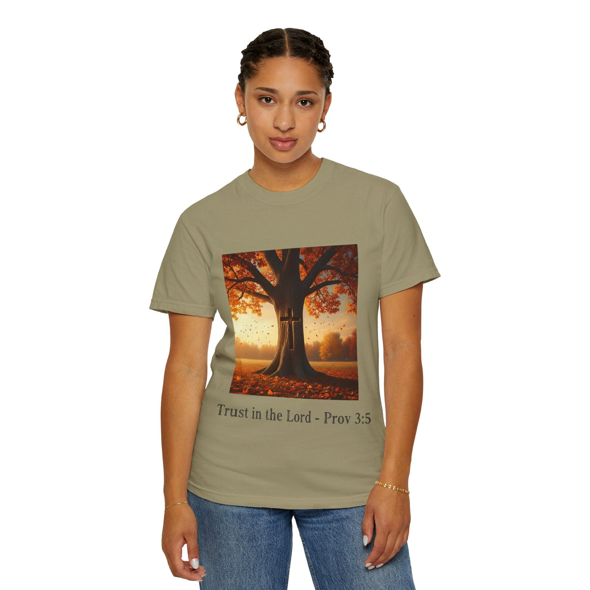 Trust in the Lord T-Shirt – Autumn Tree Christian Tee with Proverbs 3:5 Printify