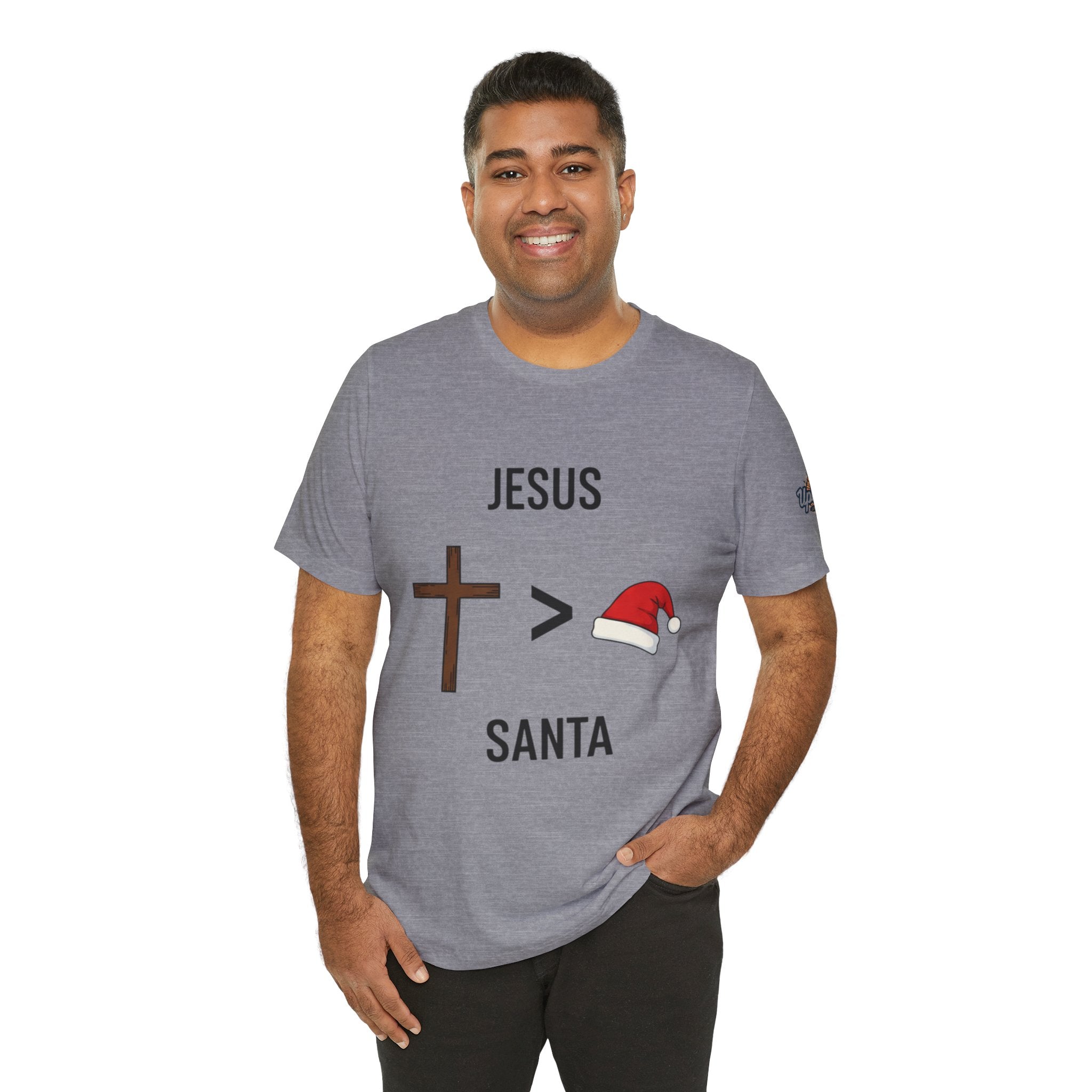 🎄 Jesus > Santa – Minimalist Christian Christmas T-Shirt | Bold Faith Over Holiday Tee | Cross vs Santa Hat Design | Uplifted Gear Printify
