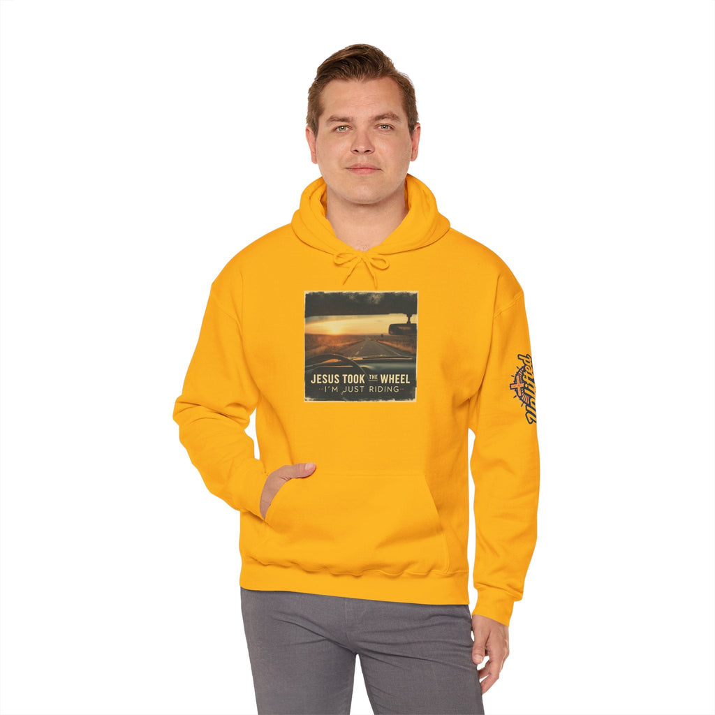 Jesus Took the Wheel I'm Just Riding Hoodie – Funny Christian Convertible Car Sweatshirt for Surrendered Faith & Humor Printify
