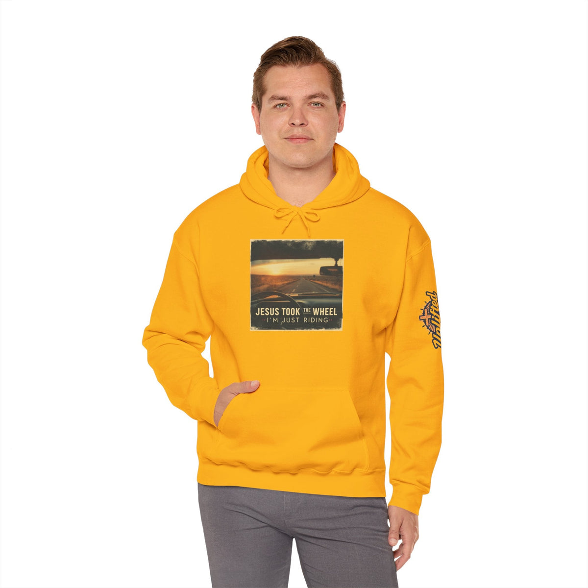 Jesus Took the Wheel I'm Just Riding Hoodie – Funny Christian Convertible Car Sweatshirt for Surrendered Faith & Humor Printify