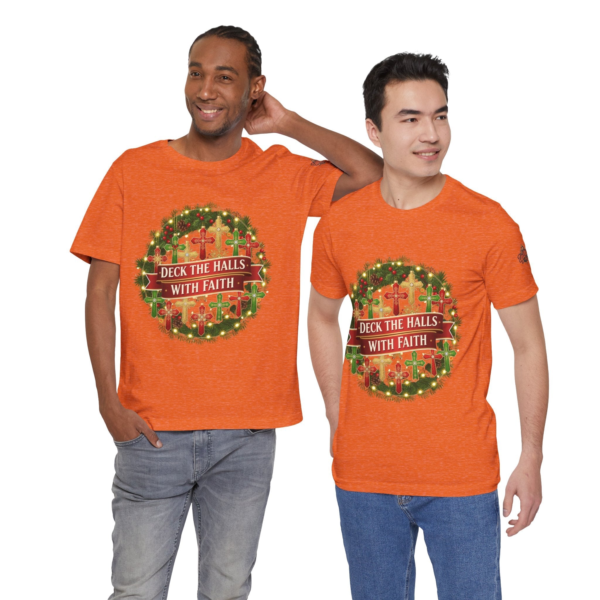 🎄 Deck the Halls with Faith – Christian Christmas T-Shirt | Cross Ornament Design & Festive Garland | Bold Holiday Faith Tee by Uplifted Gear Printify