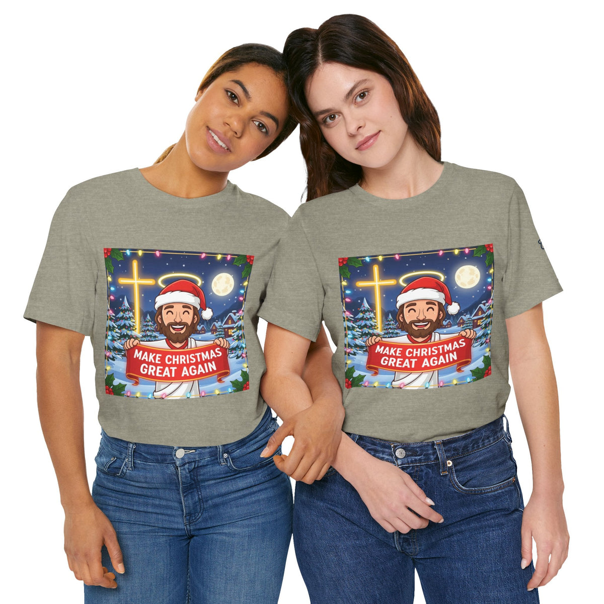 🎄 Make Christmas Great Again – Funny Christian T-Shirt | Jesus Holding Banner | Faith-Based Holiday Parody Tee | Uplifted Gear Printify