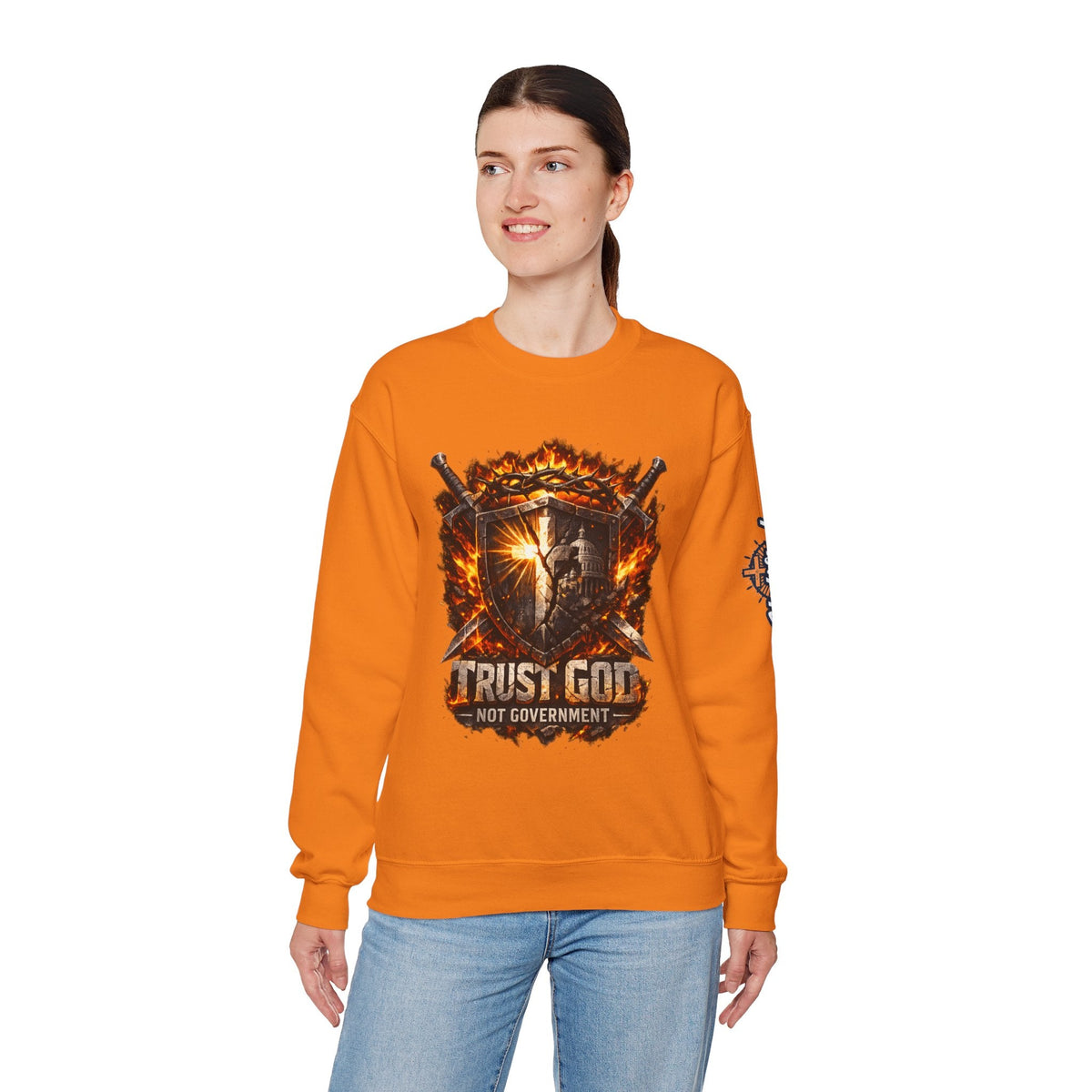 Trust God Not Government Shield Sweatshirt — Patriotic Christian Faith Sweatshirt Printify