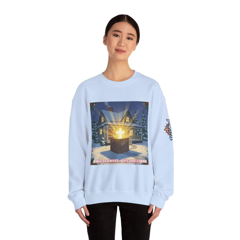 A Major Award This Christmas Sweatshirt – Fragile Leg Lamp Parody Cross Unboxing Christian Sweatshirt for Hilarious Faith & Holiday Glow Printify