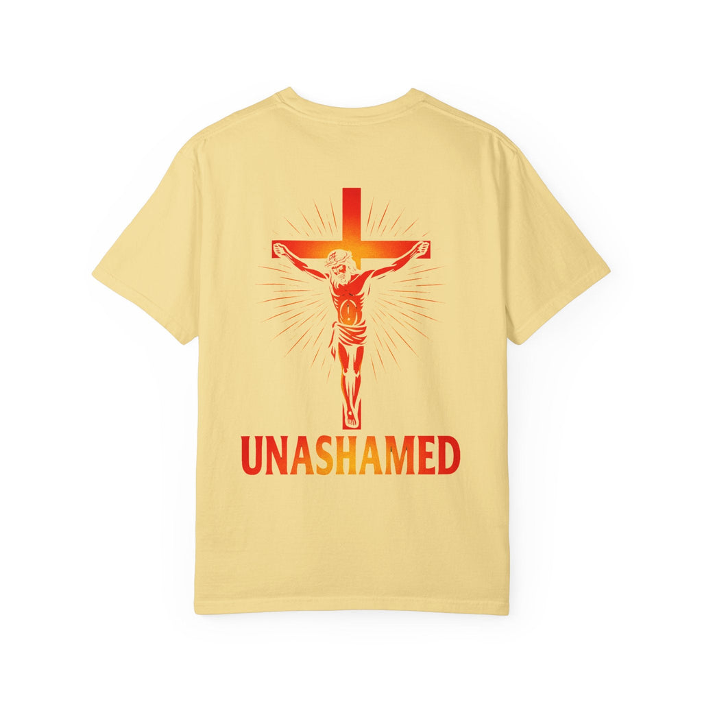 Unashamed T-shirt – Romans 1:16 Crucifixion Christian t-shirt for Bold Unwavering Faith Red Printify