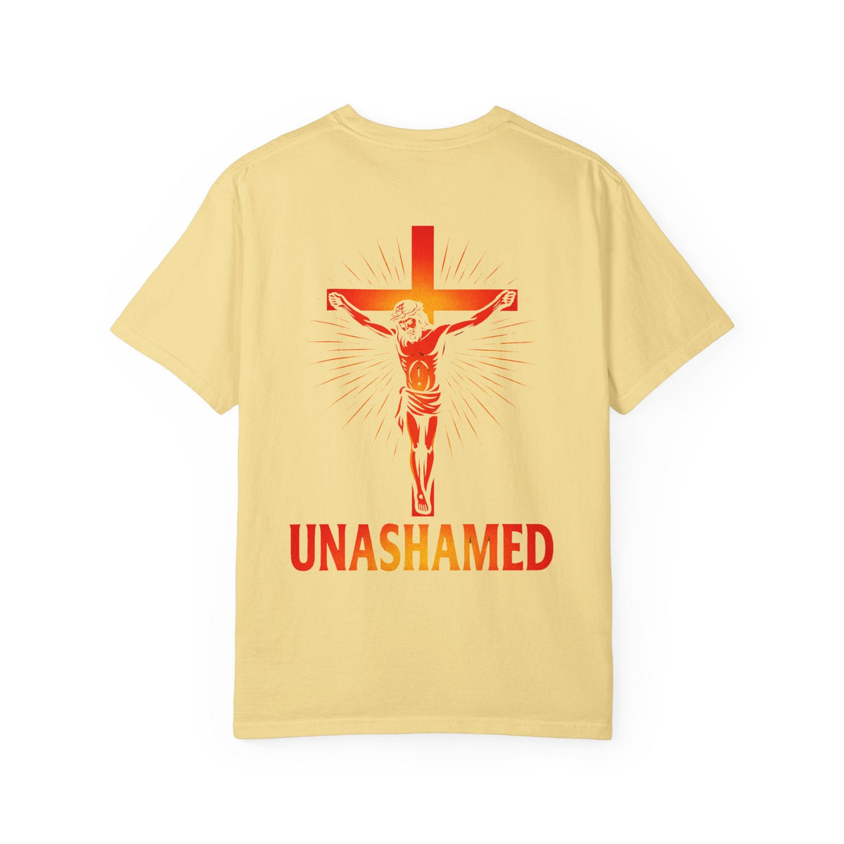 Unashamed T-shirt – Romans 1:16 Crucifixion Christian t-shirt for Bold Unwavering Faith Red Printify