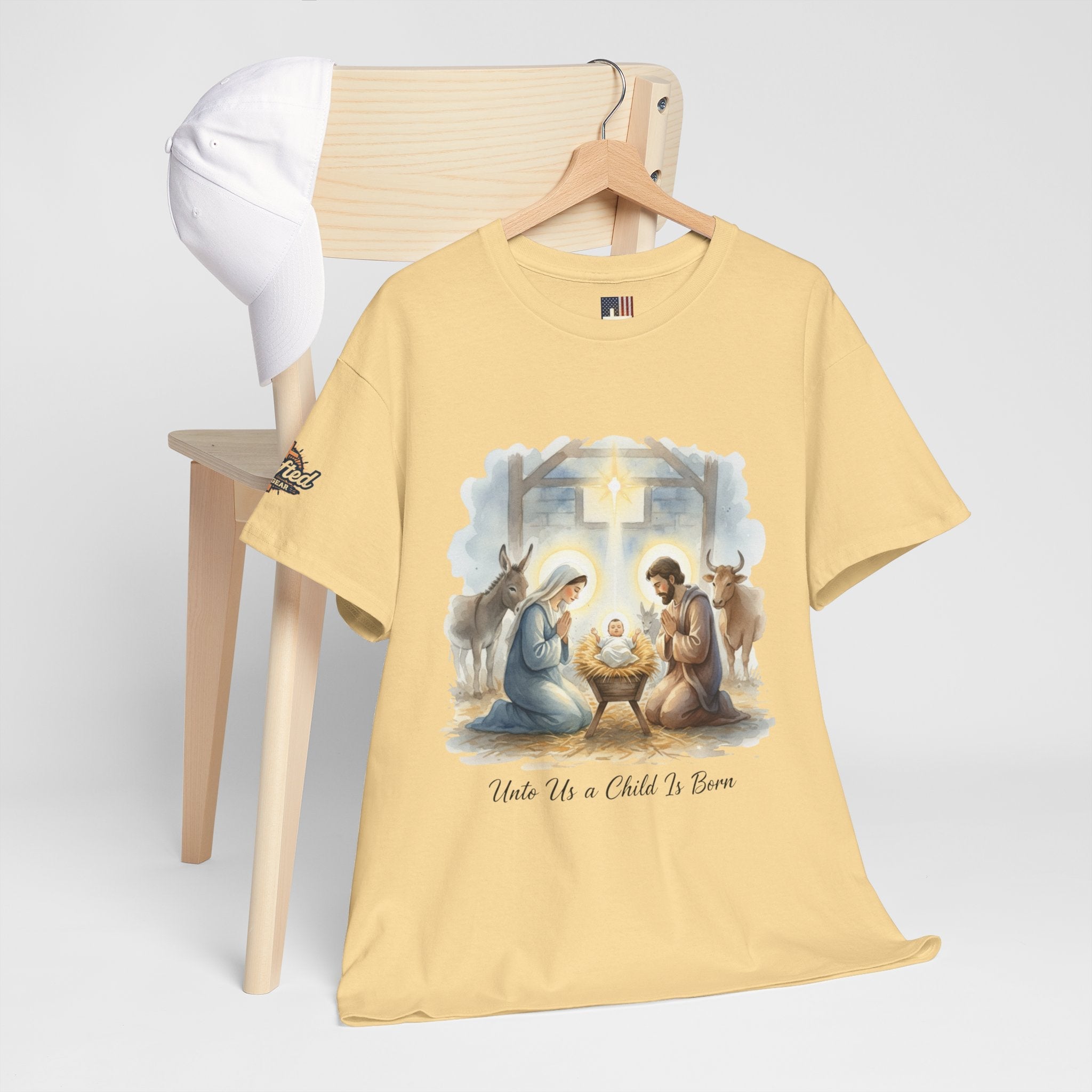 Unto Us a Child is Born T-shirt – Isaiah 9:6 Nativity Manger Scene Christian Christmas T-shirt for Holy Night Faith Printify