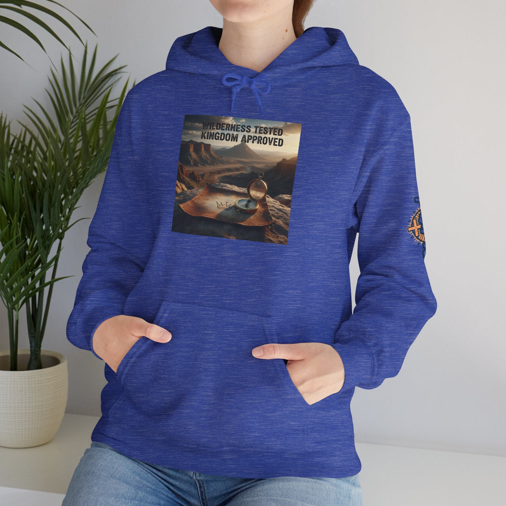 Wilderness Tested Kingdom Approved Hoodie – Mountain Desert Compass Crown Christian Sweatshirt for Biblical Adventure Faith Printify