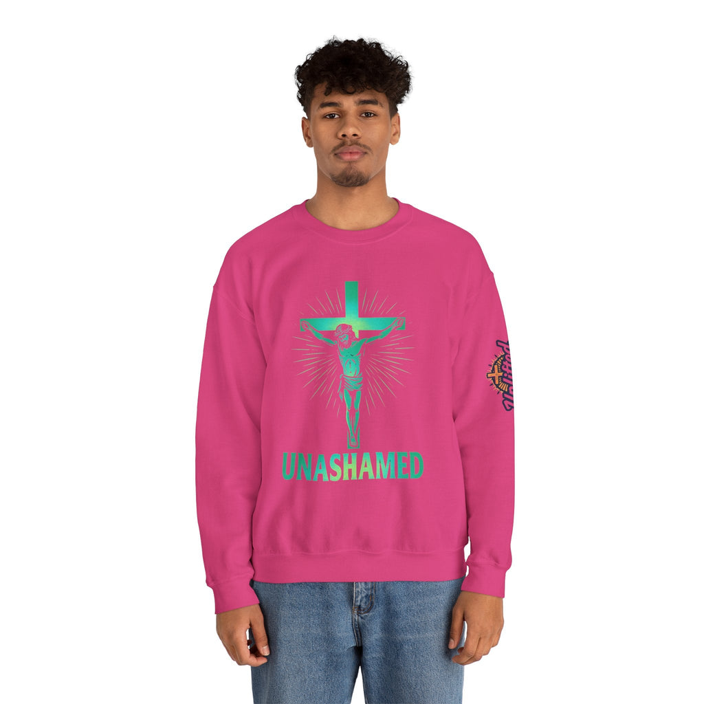 Unashamed Sweatshirt – Romans 1:16 Crucifixion Christian Sweatshirt for Bold Unwavering Faith Printify