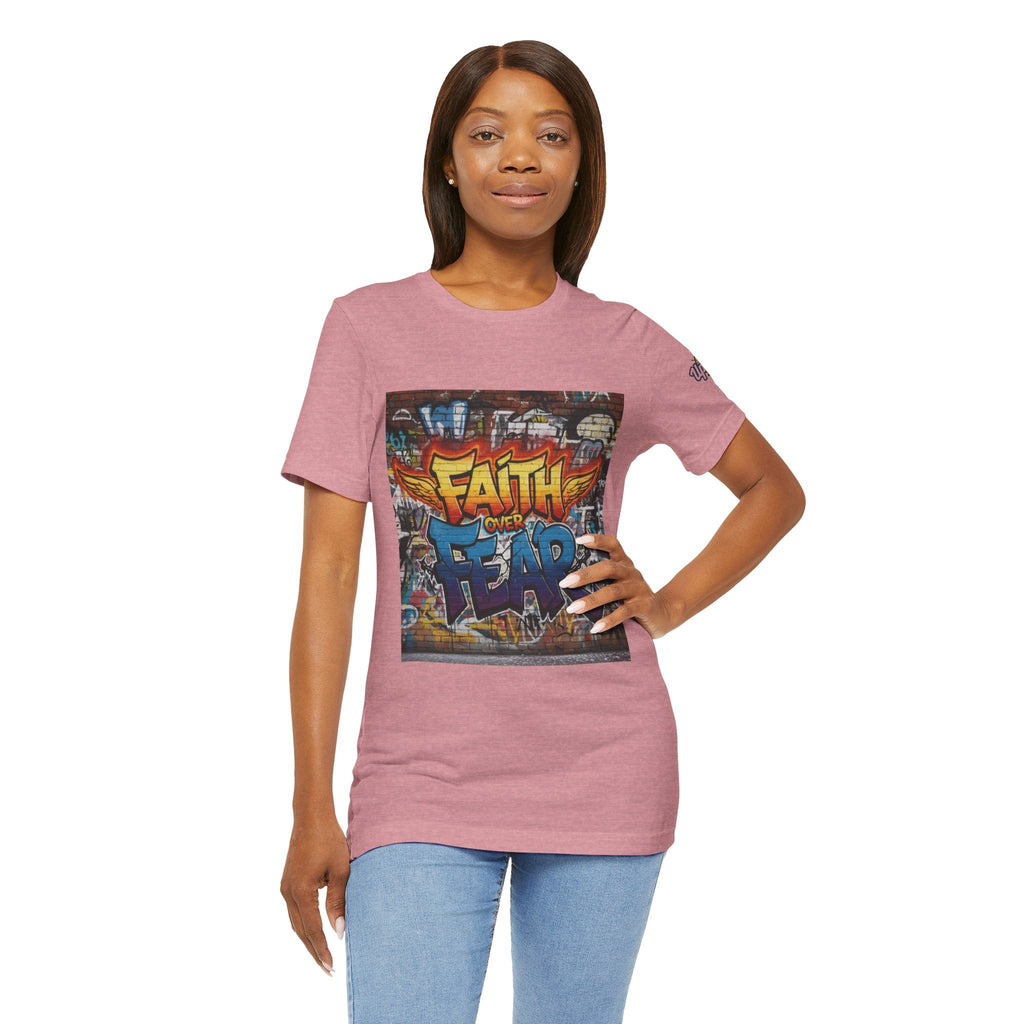 Faith Over Fear T-shirt – Graffiti Wall Christian T-shirt for Bold 2 Corinthians 5:7 Streetwear & Unshakable Faith Printify