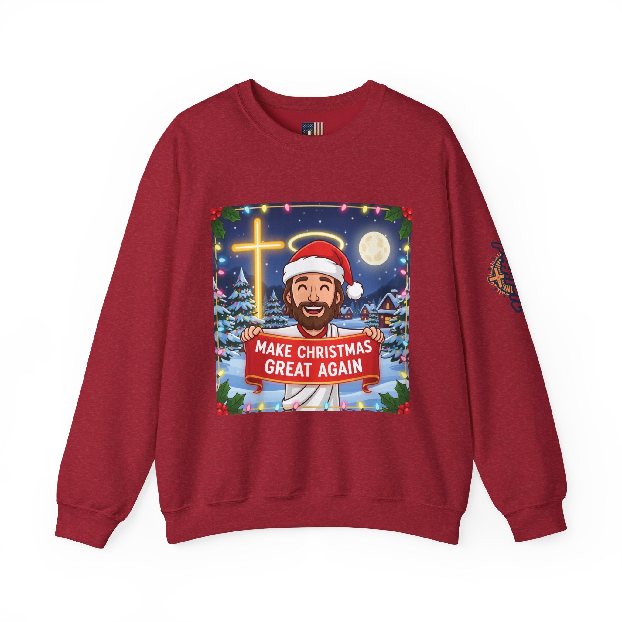 🎄 Make Christmas Great Again – Funny Christian Sweatshirt | Jesus Holding Banner | Faith-Based Holiday Parody Tee | Uplifted Gear Printify