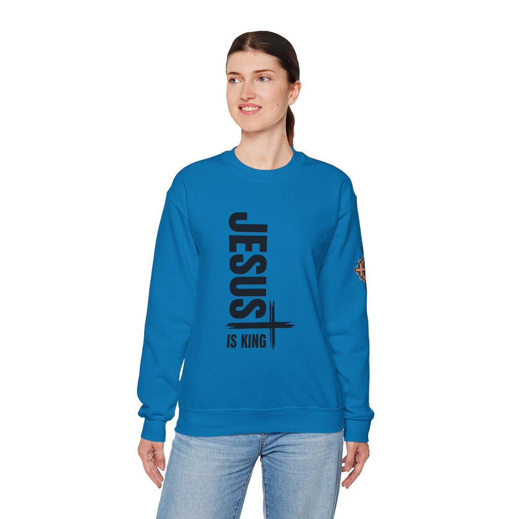 Jesus Is King Sweatshirt | Modern Typographic Cross Christian Sweatshirt Printify