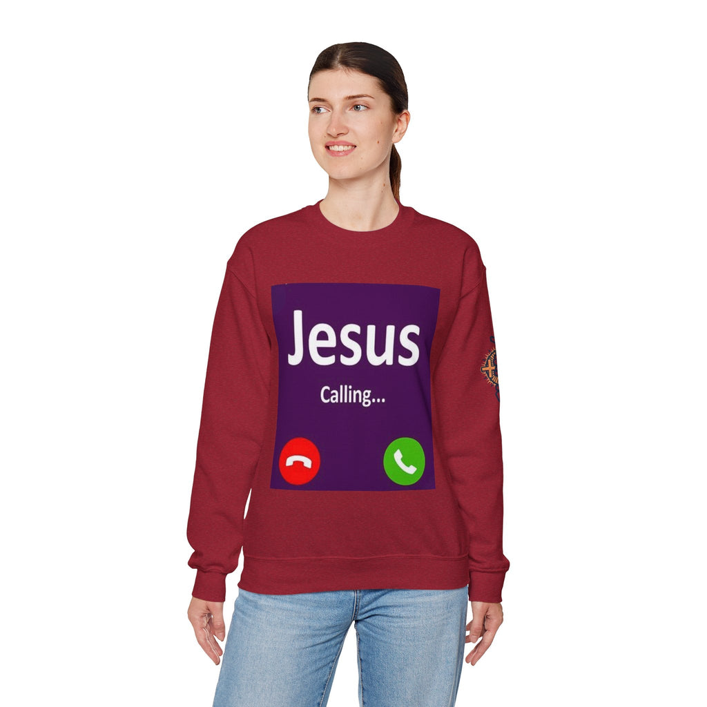 Jesus Calling Sweatshirt – Funny Cell Phone Screen Christian Sweatshirt for Divine Connection & Faith Humor Printify