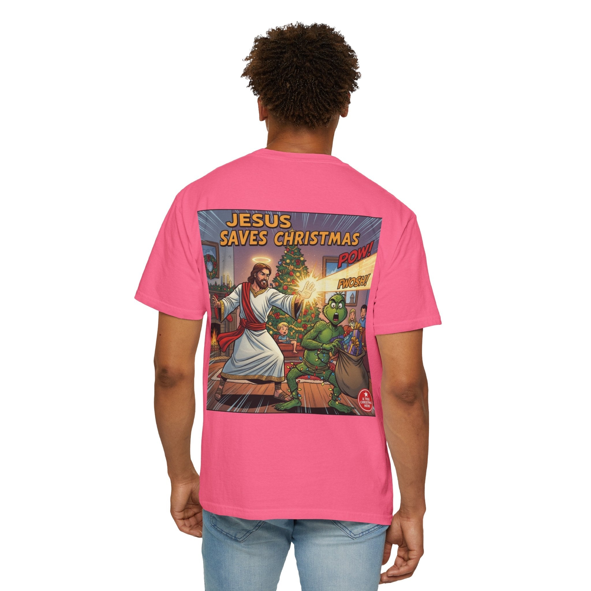 Jesus Saves Christmas T-shirt – Grinch vs Savior Light Battle Christian T-shirt for Hilarious Holiday Faith & True Joy Printify