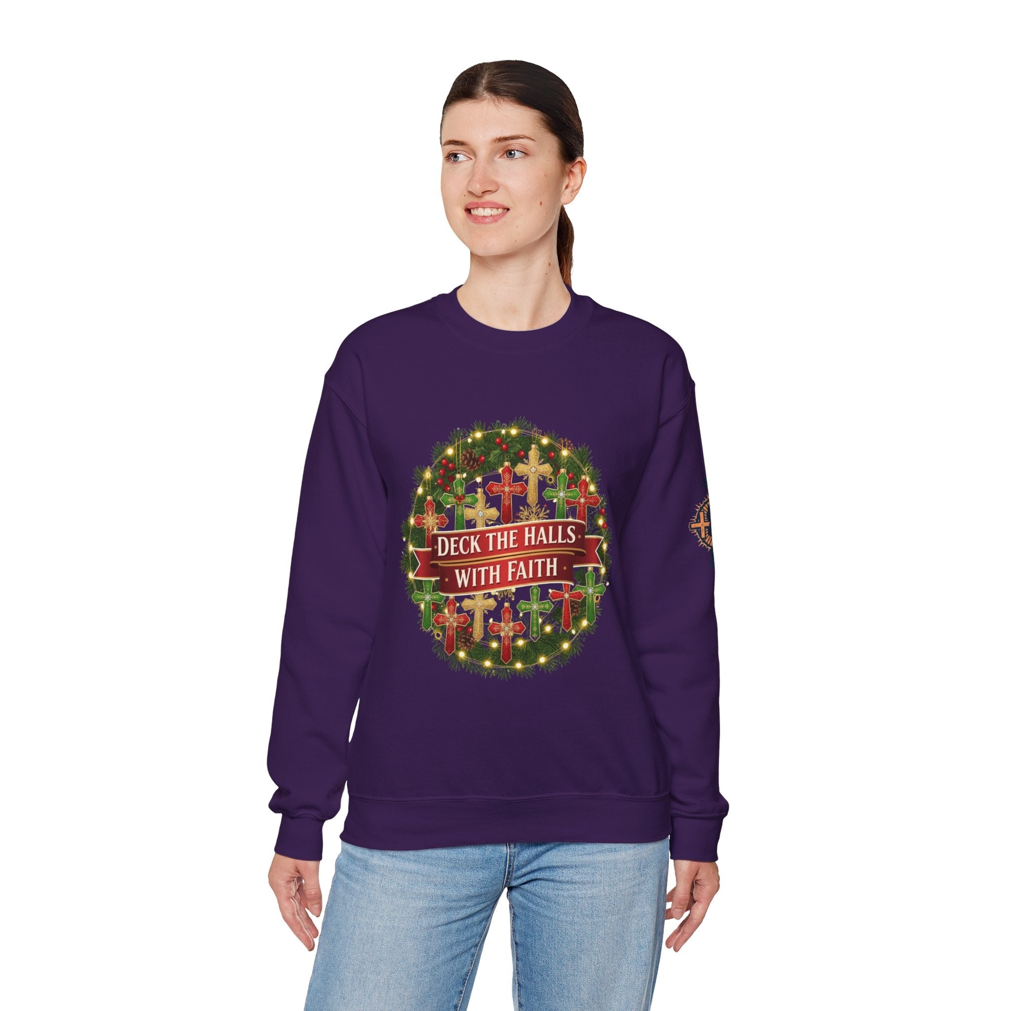 🎄 Deck the Halls with Faith – Christian Christmas Sweatshirt | Cross Ornament Design & Festive Garland | Bold Holiday Faith Tee by Uplifted Gear Printify