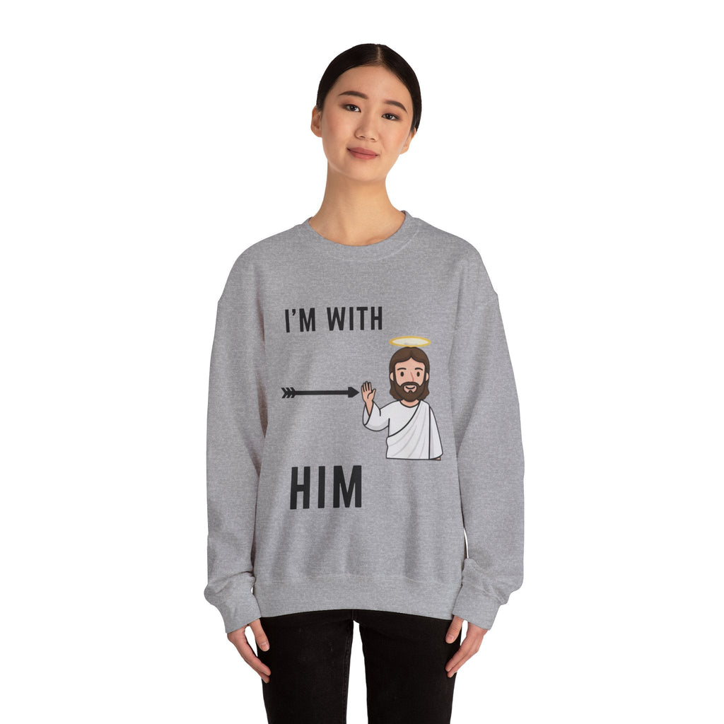 🔥 I’m With Him → Christian Sweatshirt | Arrow Pointing to Jesus | Minimalist Faith Tee | Subtle Cross Design | Bible-Inspired Apparel by Uplifted Gear Printify
