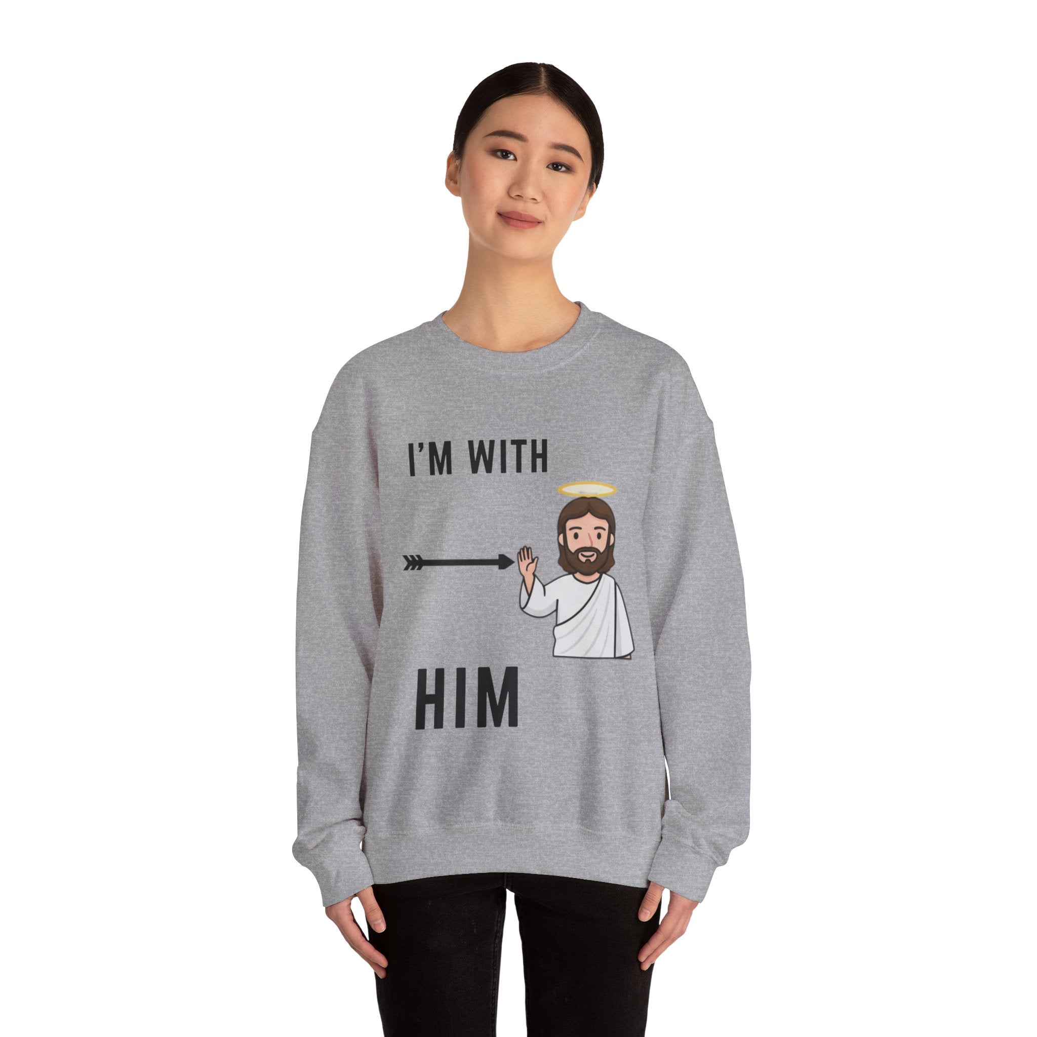 🔥 I’m With Him → Christian Sweatshirt | Arrow Pointing to Jesus | Minimalist Faith Tee | Subtle Cross Design | Bible-Inspired Apparel by Uplifted Gear Printify