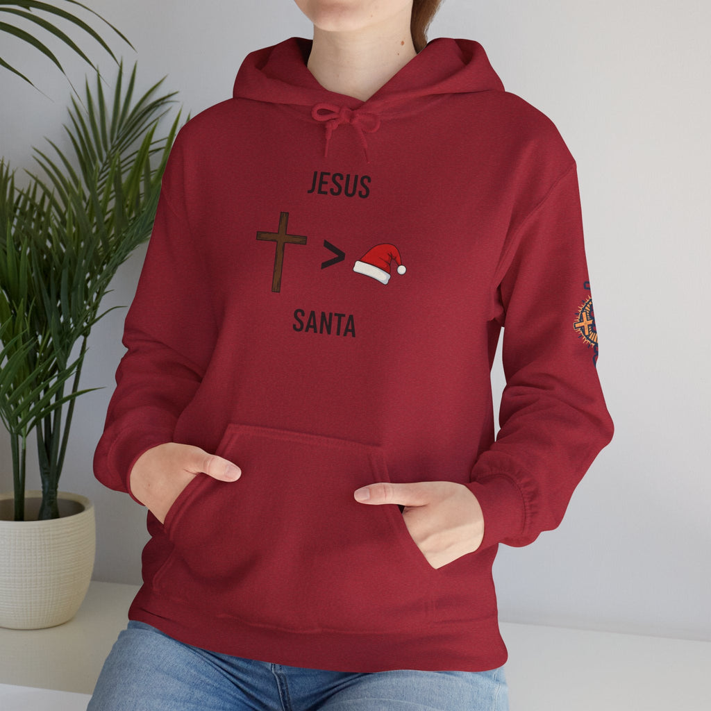 🎄 Jesus > Santa – Minimalist Christian Christmas Hoodie | Bold Faith Over Holiday Tee | Cross vs Santa Hat Design | Uplifted Gear Printify