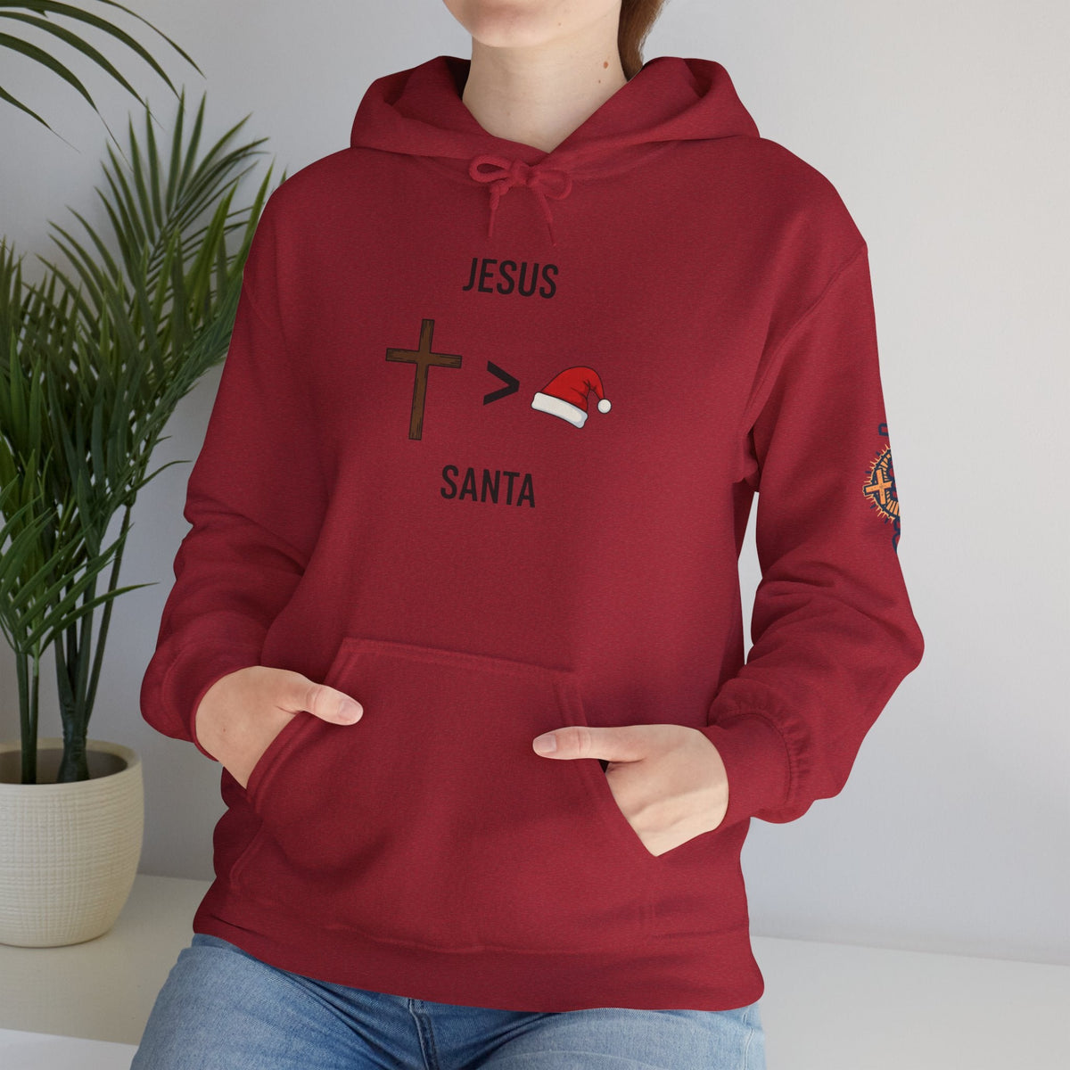 🎄 Jesus > Santa – Minimalist Christian Christmas Hoodie | Bold Faith Over Holiday Tee | Cross vs Santa Hat Design | Uplifted Gear Printify