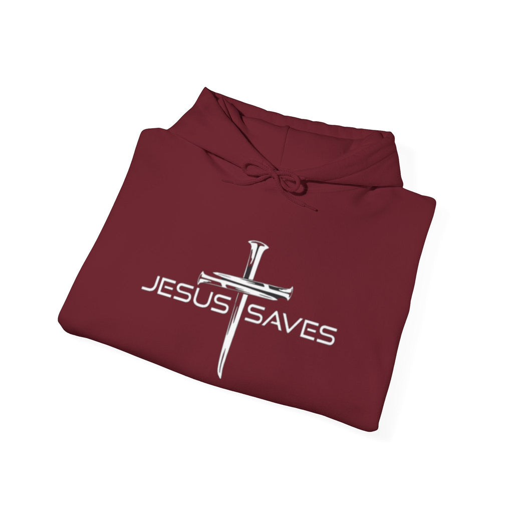 Jesus Saves Hoodie – 3 Nails Crucifix Cross Christian Sweatshirt for Redemption Faith & Bold Salvation Printify