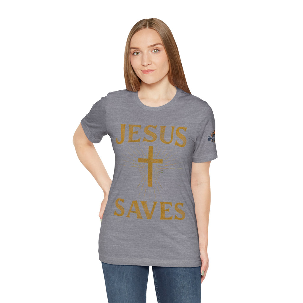 Jesus Saves T-shirt – Radiant Cross & Rays of Light Christian T-shirt for Eternal Hope & Faith Printify