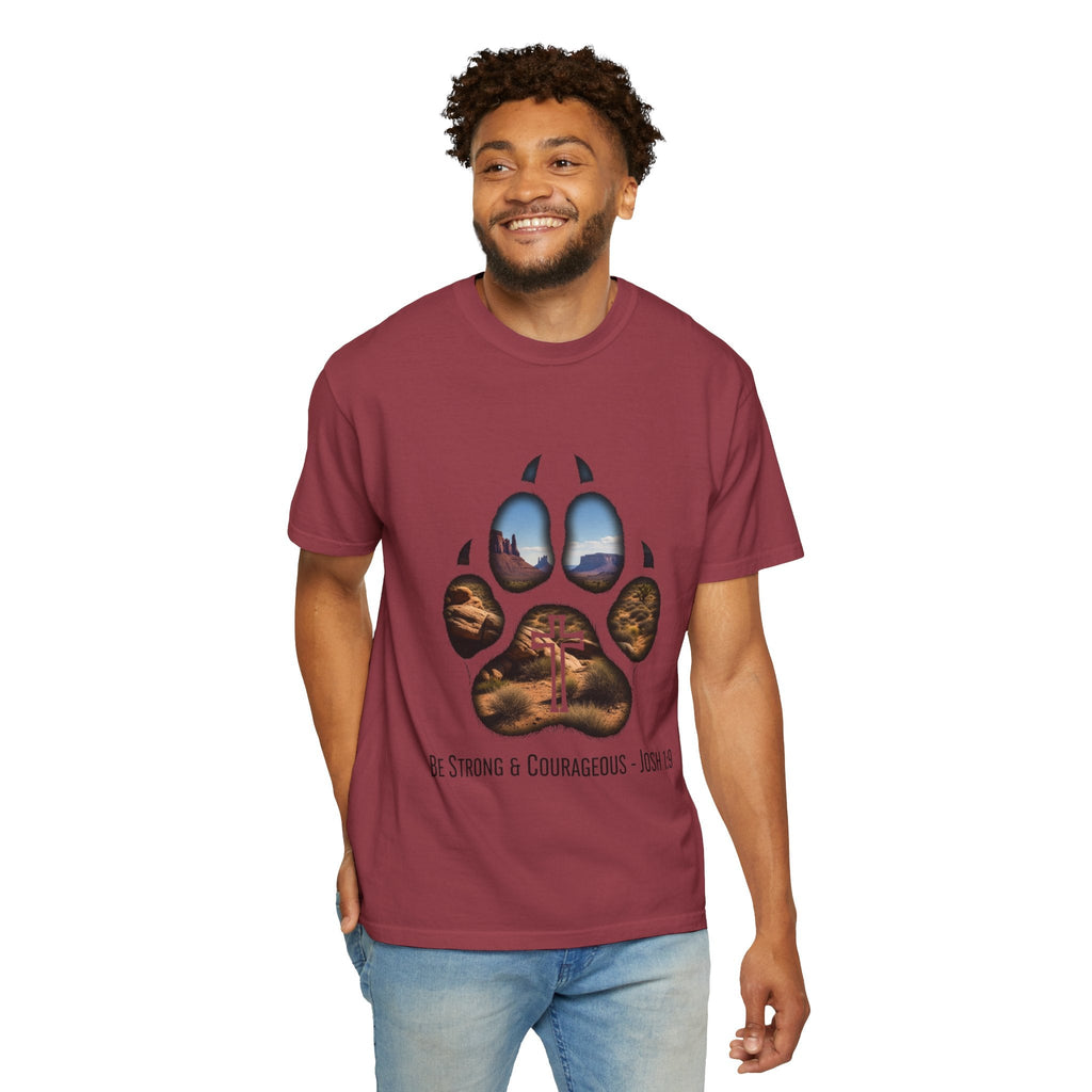 Strong and Courageous T-Shirt – Canine Pawprint Desert Joshua 1:9 Christian Tee Printify