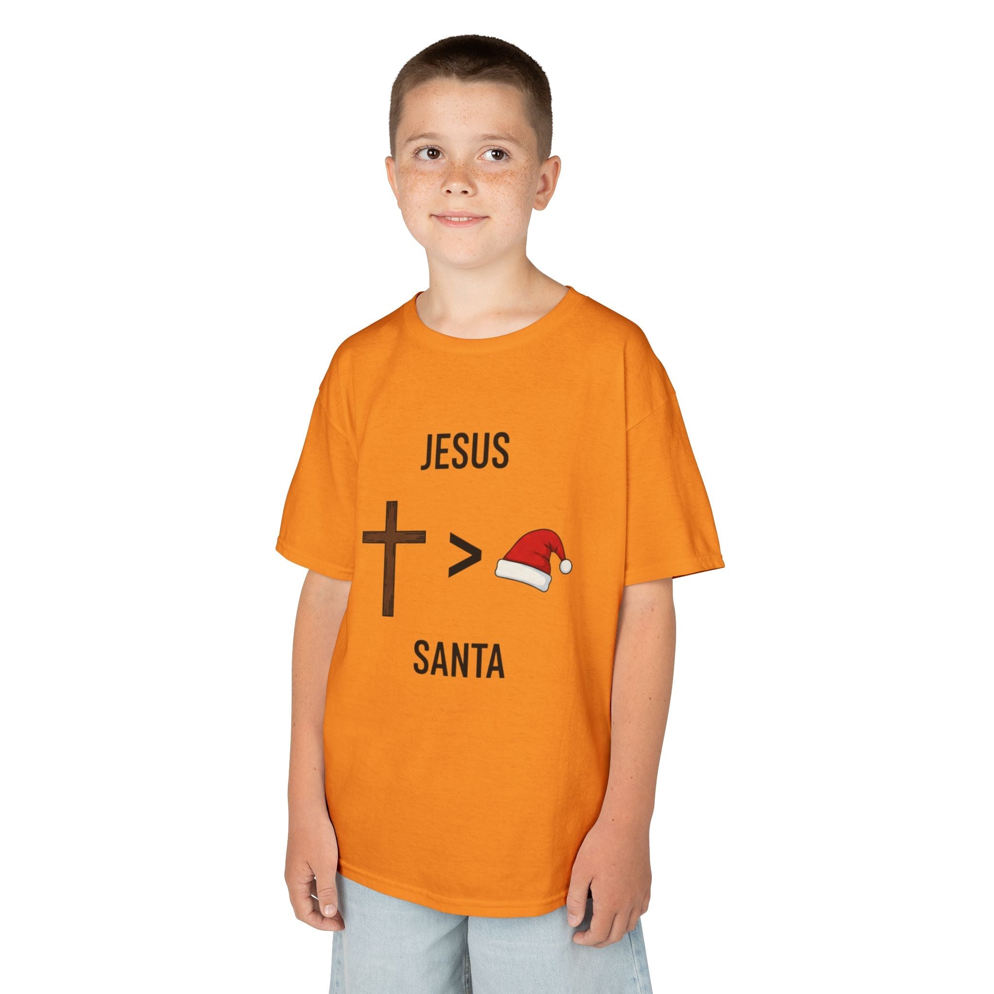 🎄 Jesus > Santa – Minimalist Christian Christmas Kids T-Shirt | Bold Faith Over Holiday Tee | Cross vs Santa Hat Design | Uplifted Gear Printify