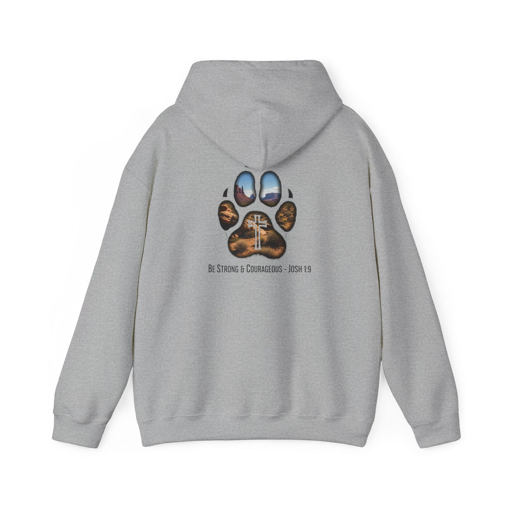 Strong and Courageous Hoodie – Joshua 1:9 Canine Pawprint Desert Christian Hoodie for Dog Lovers Printify