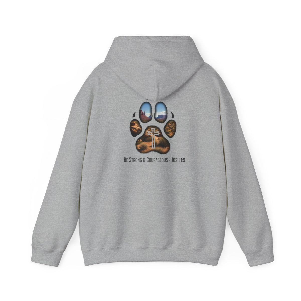 Strong and Courageous Hoodie – Joshua 1:9 Canine Pawprint Desert Christian Hoodie for Dog Lovers Printify