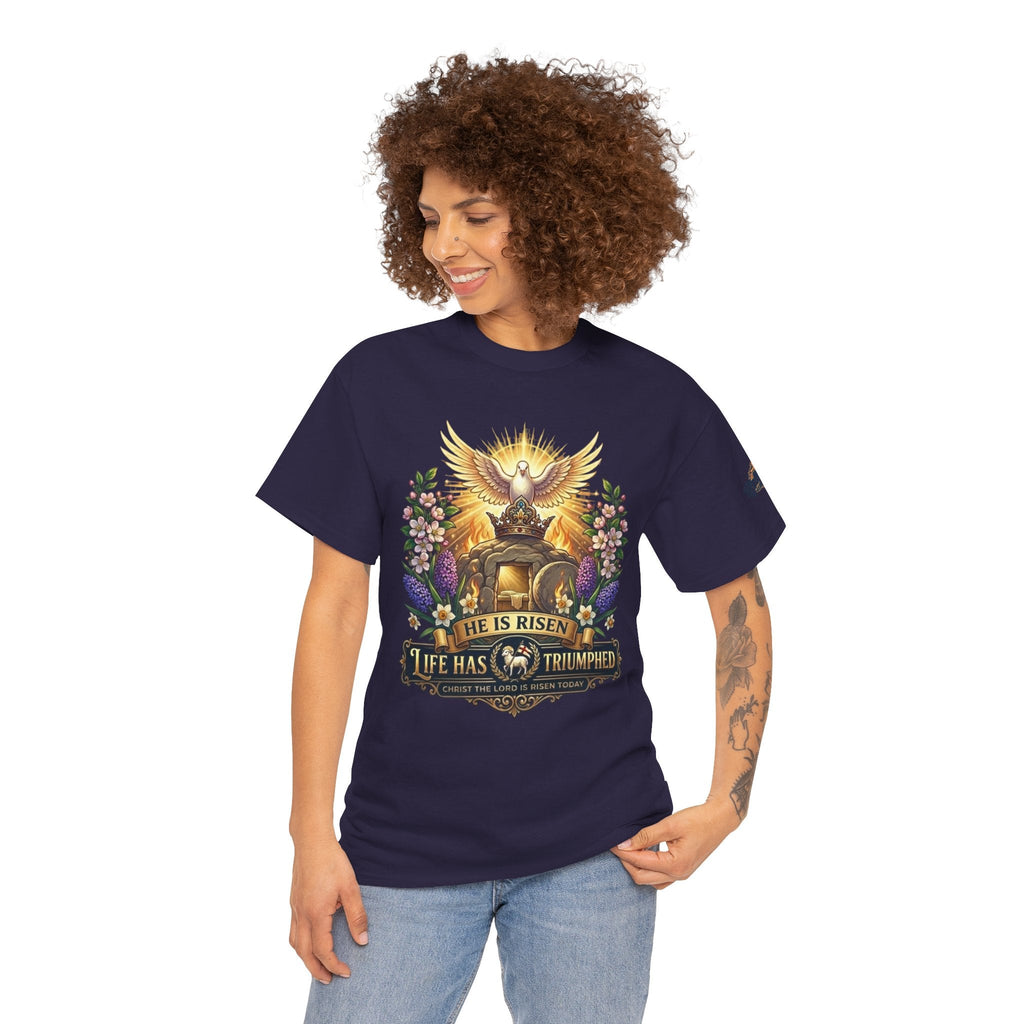 He Is Risen "Life Has Triumphed" T-Shirt — Easter Resurrection Christian Tee Printify