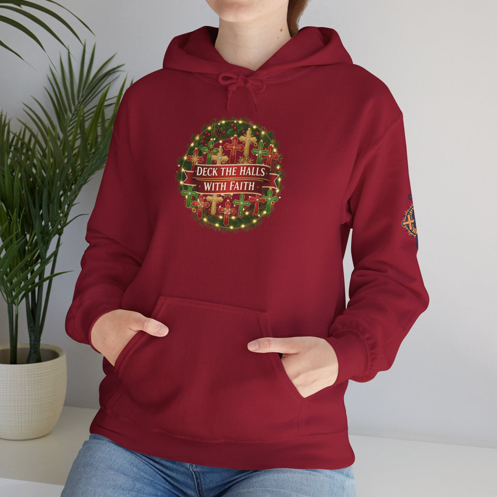 🎄 Deck the Halls with Faith – Christian Christmas Hoodie | Cross Ornament Design & Festive Garland | Bold Holiday Faith Tee by Uplifted Gear Printify