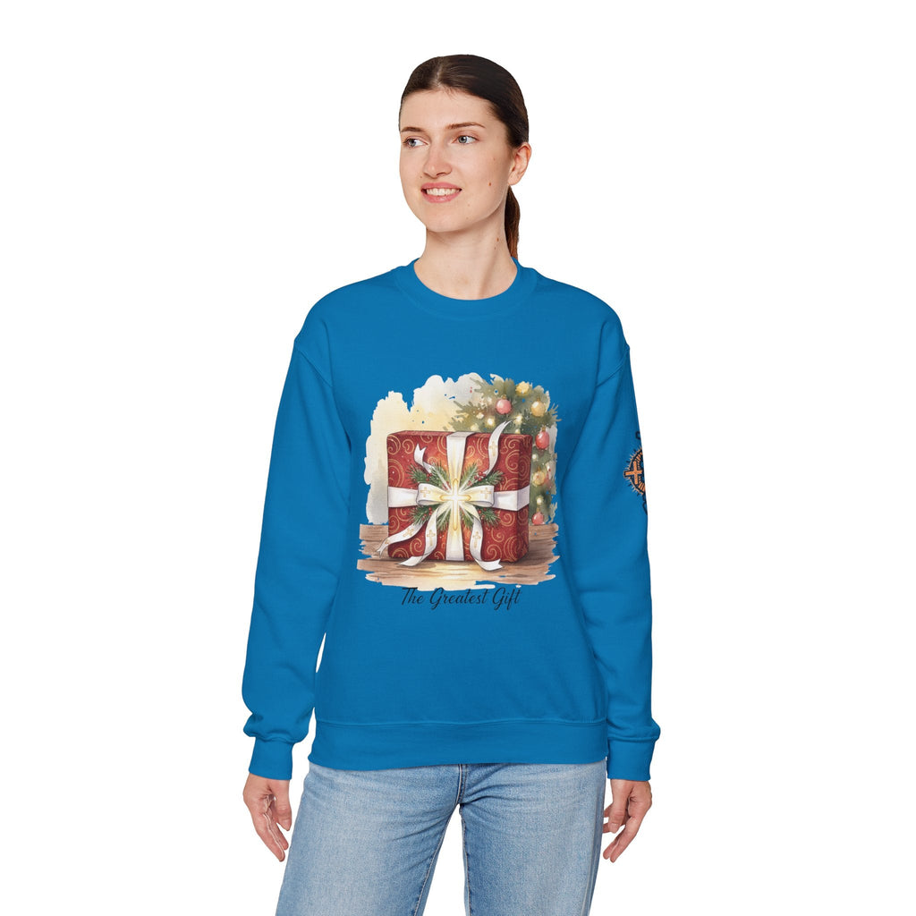 The Greatest Gift Sweatshirt – Cross Bow Present Christian Sweatshirt for Christmas Salvation & Eternal Faith Printify