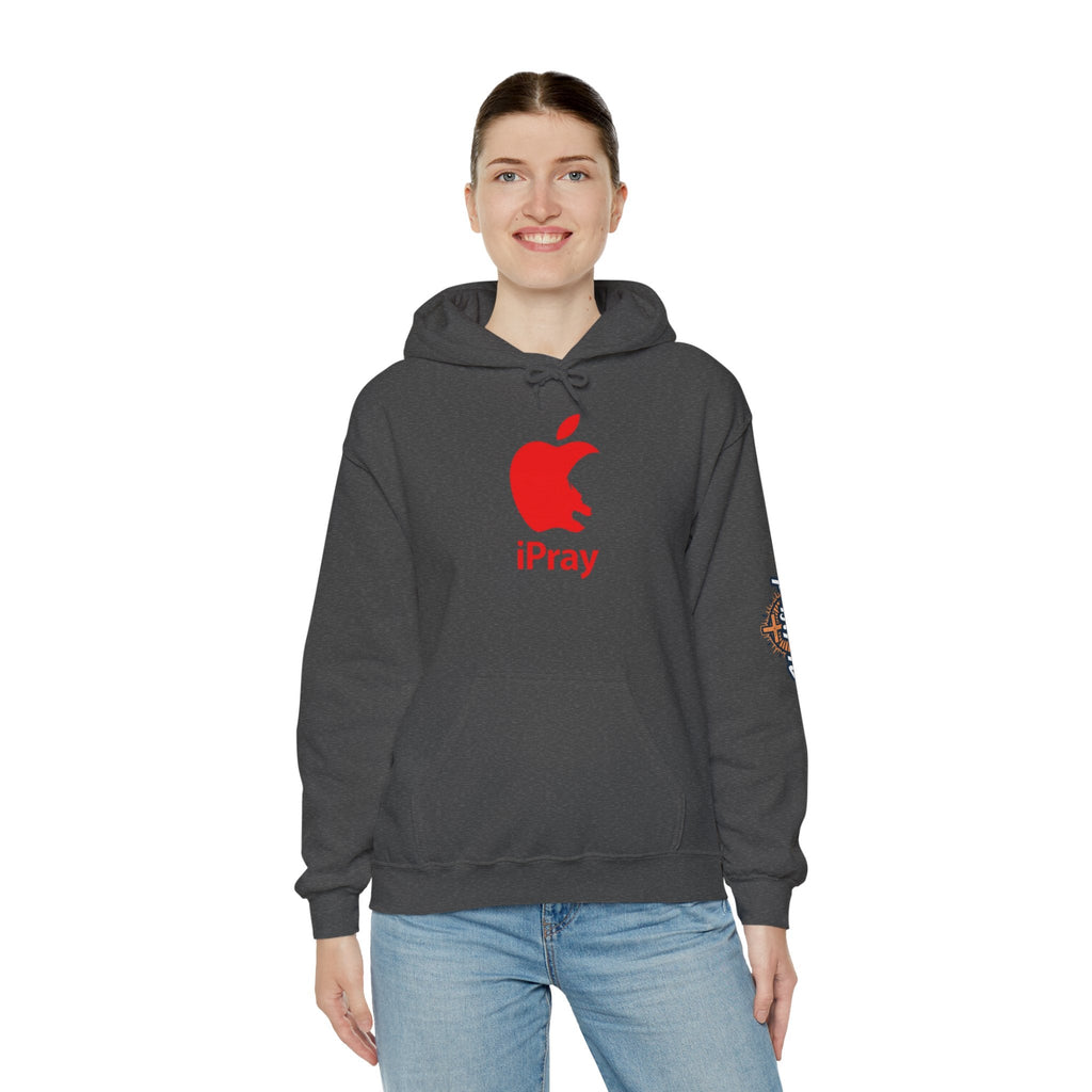 iPray Apple Logo Hoodie — Funny Christian Hoodie (Minimal Red Apple Graphic) Printify