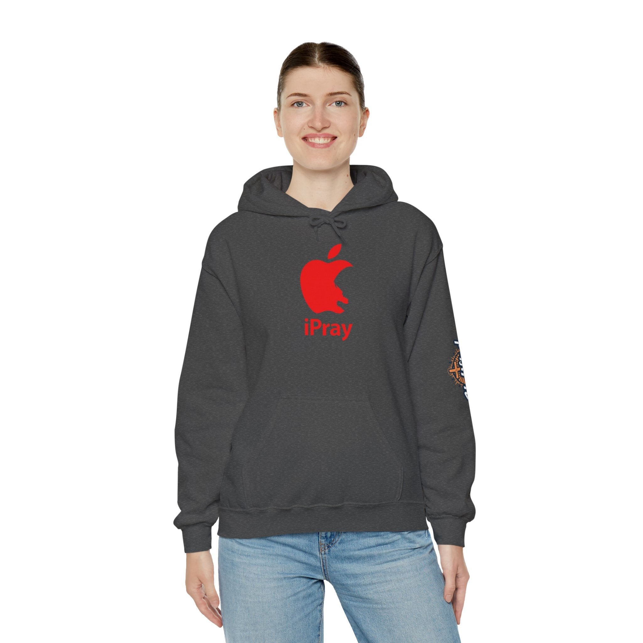 iPray Apple Logo Hoodie — Funny Christian Hoodie (Minimal Red Apple Graphic) Printify