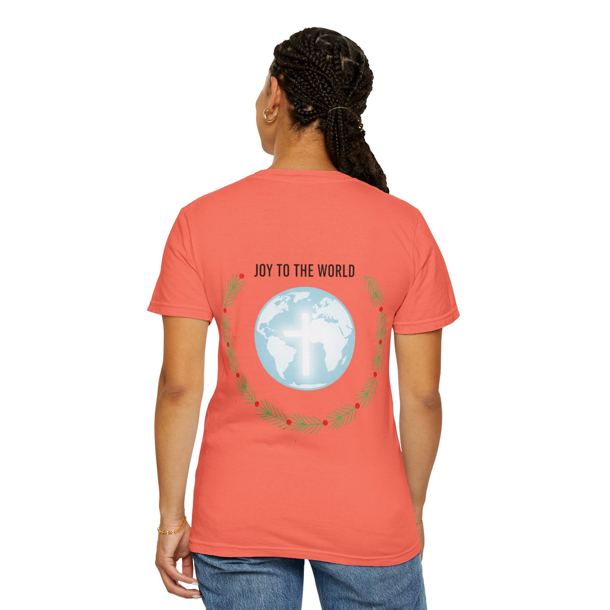 Joy to the World T-shirt – Wreath Earth Nativity Christian Christmas T-shirt for Isaiah 9:6 Holiday Faith & Festive Joy Printify