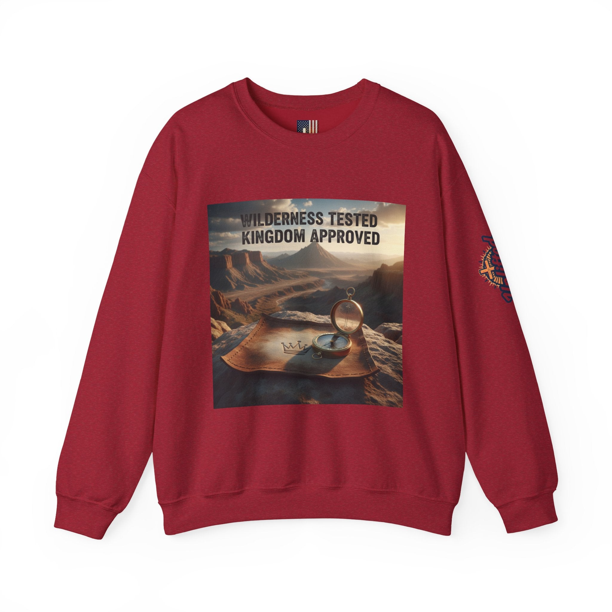Wilderness Tested Kingdom Approved Sweatshirt – Mountain Desert Compass Crown Christian Sweatshirt for Biblical Adventure Faith Printify