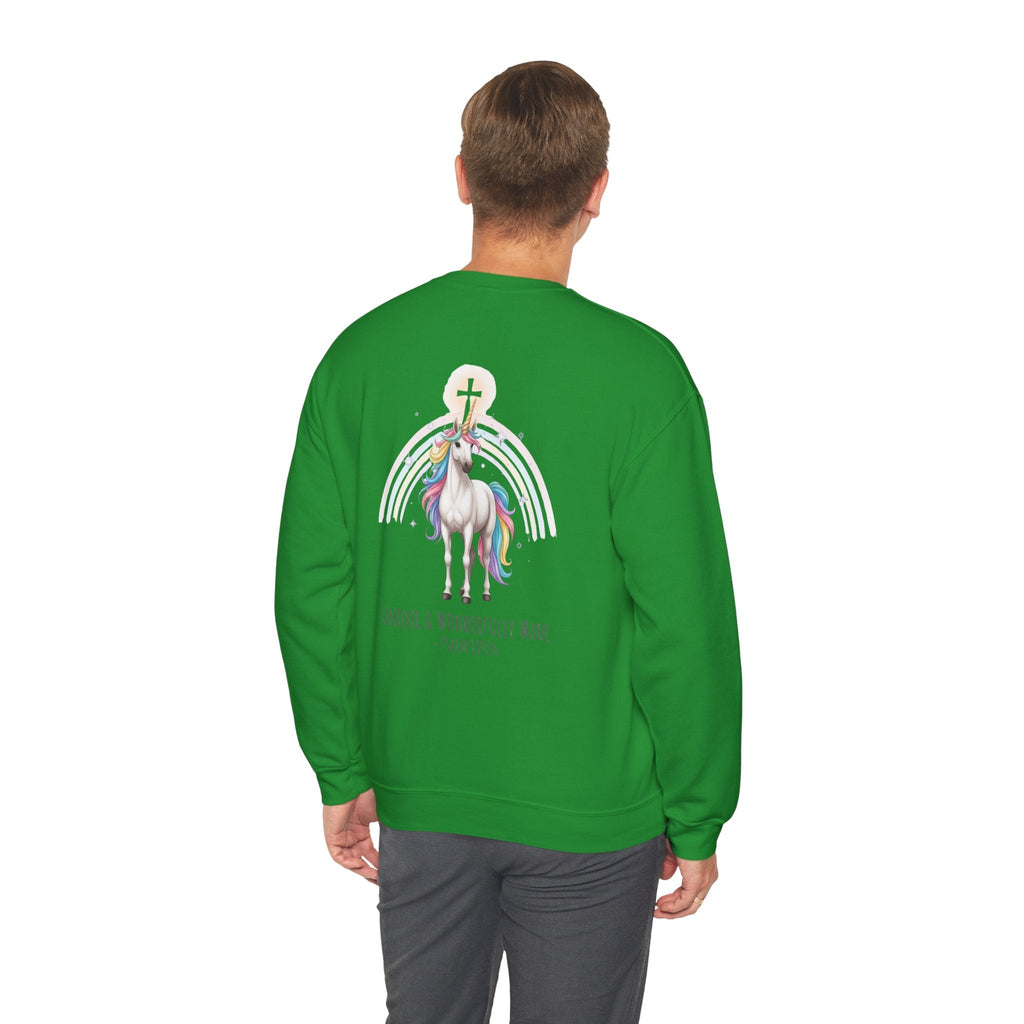 Unique Unicorn Sweatshirt – Rainbow Cross Psalm 139:14 Christian Sweatshirt for Wonderfully Made Printify