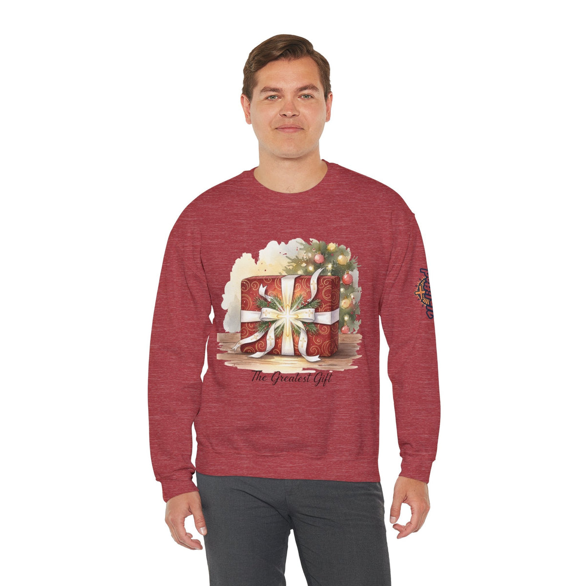 The Greatest Gift Sweatshirt – Cross Bow Present Christian Sweatshirt for Christmas Salvation & Eternal Faith Printify