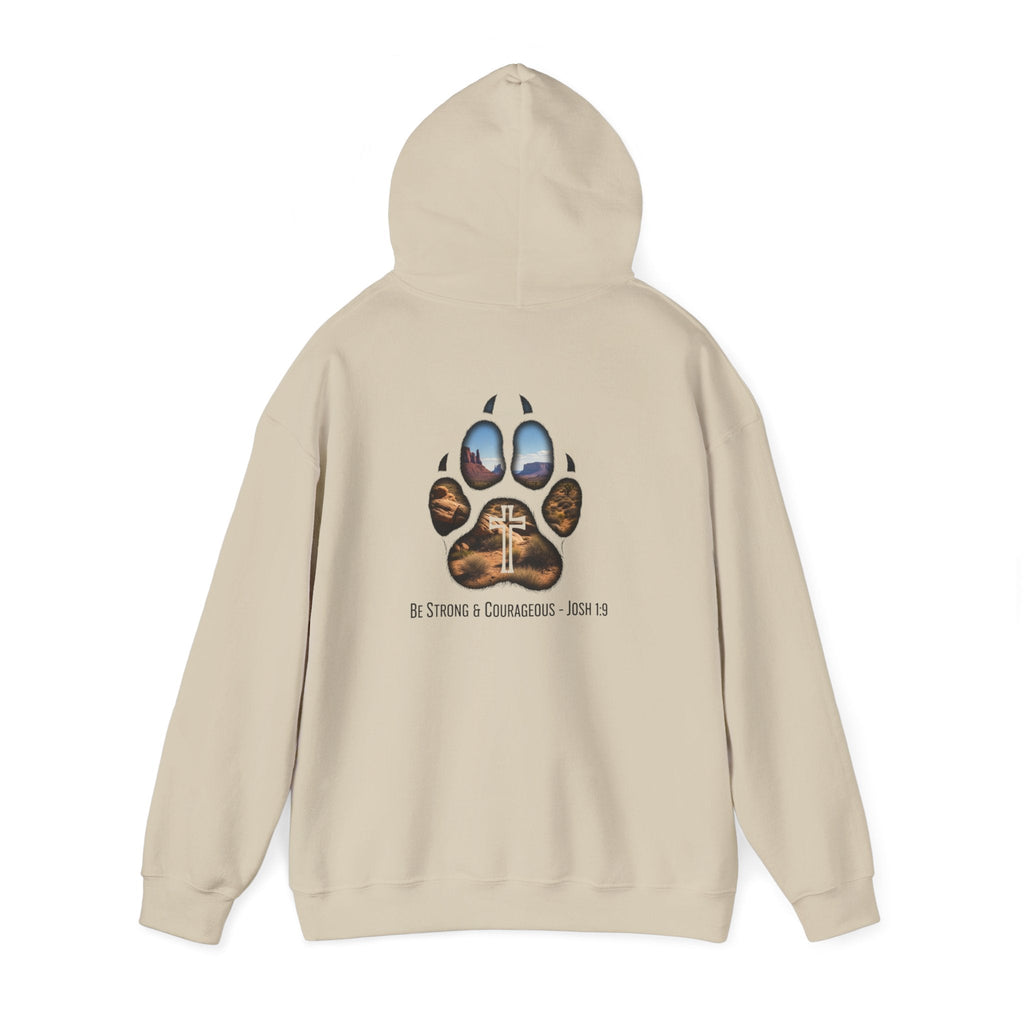 Strong and Courageous Hoodie – Joshua 1:9 Canine Pawprint Desert Christian Hoodie for Dog Lovers Printify