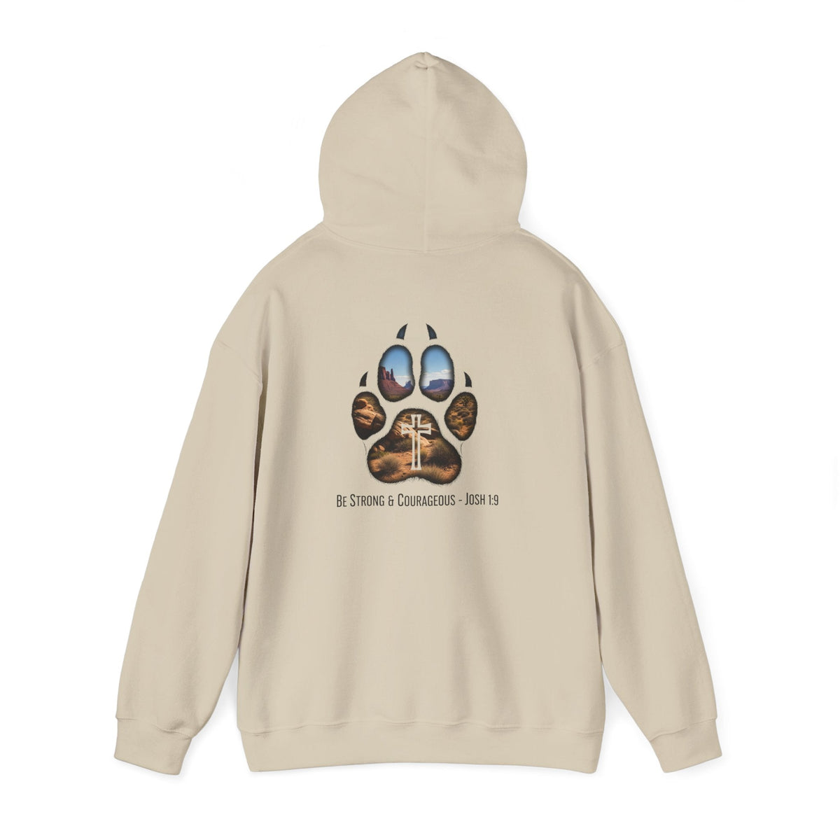 Strong and Courageous Hoodie – Joshua 1:9 Canine Pawprint Desert Christian Hoodie for Dog Lovers Printify