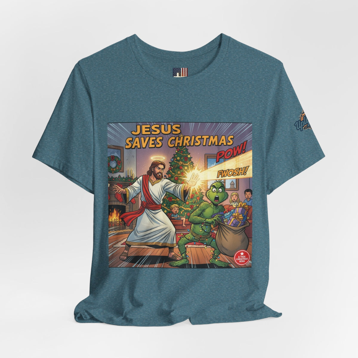 Jesus Saves Christmas T-shirt – Grinch vs Savior Light Battle Christian T-shirt for Hilarious Holiday Faith & True Joy Printify
