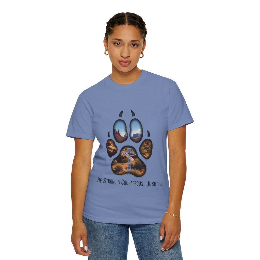 Strong and Courageous T-Shirt – Canine Pawprint Desert Joshua 1:9 Christian Tee Printify