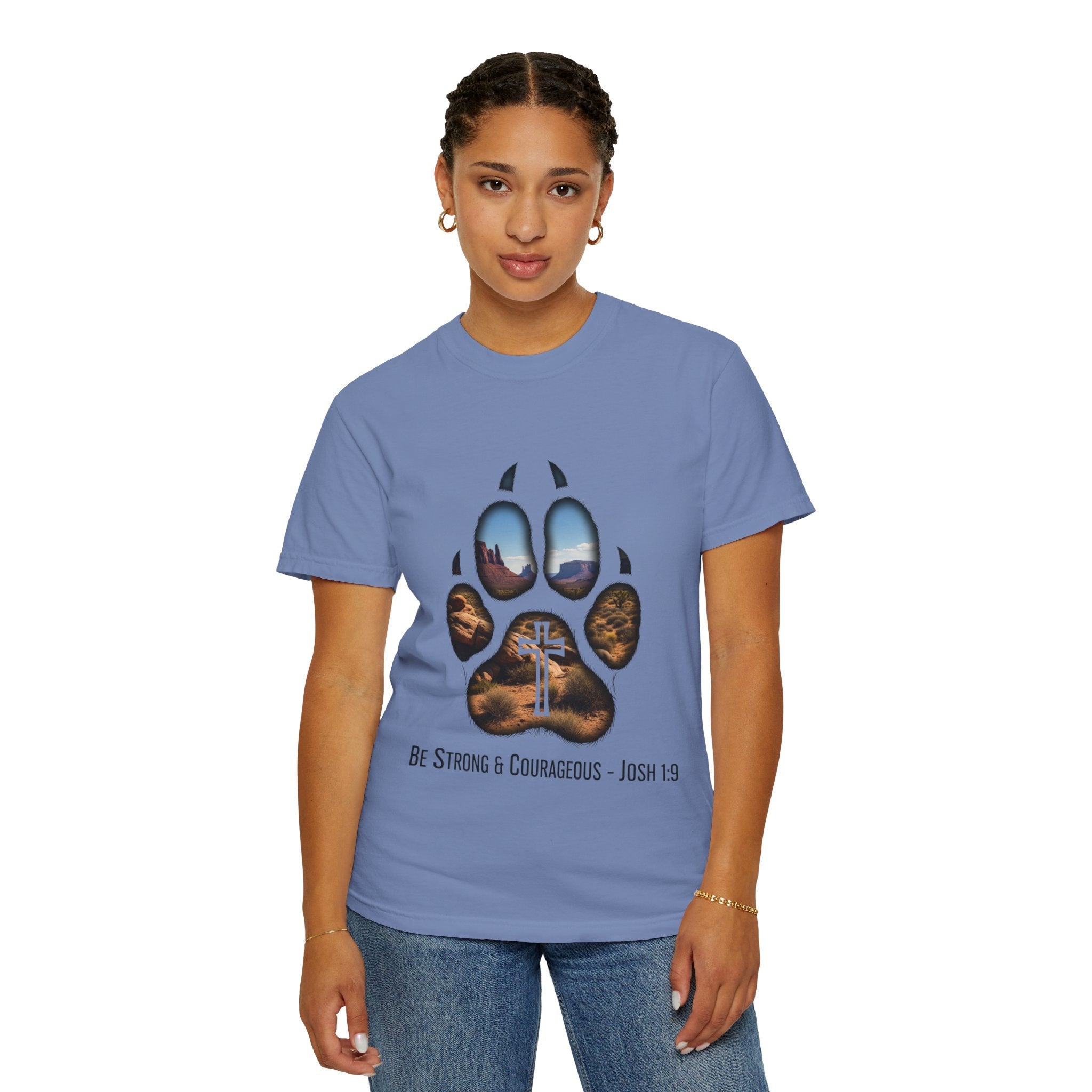 Strong and Courageous T-Shirt – Canine Pawprint Desert Joshua 1:9 Christian Tee Printify