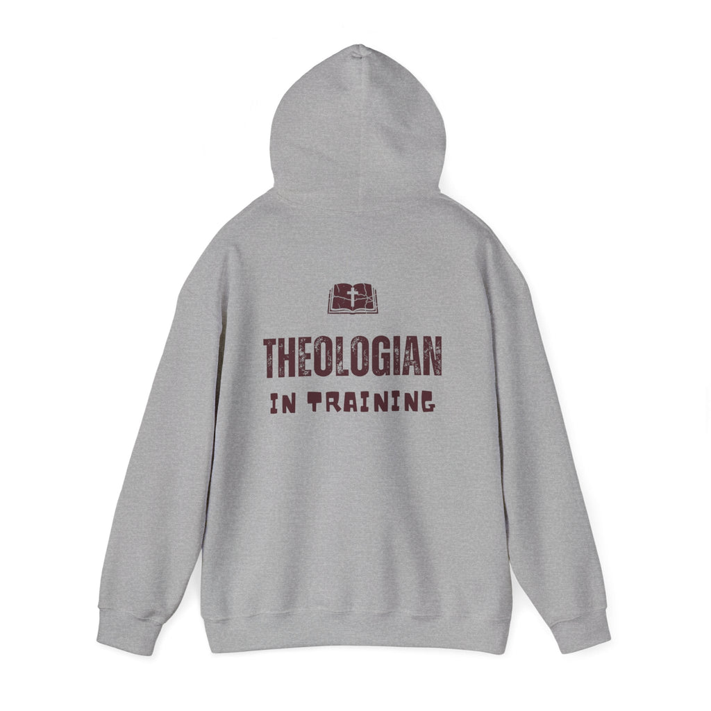 Theologian in Training Hoodie – Open Bible & Cross Christian Hoodie for Faithful Growth Printify