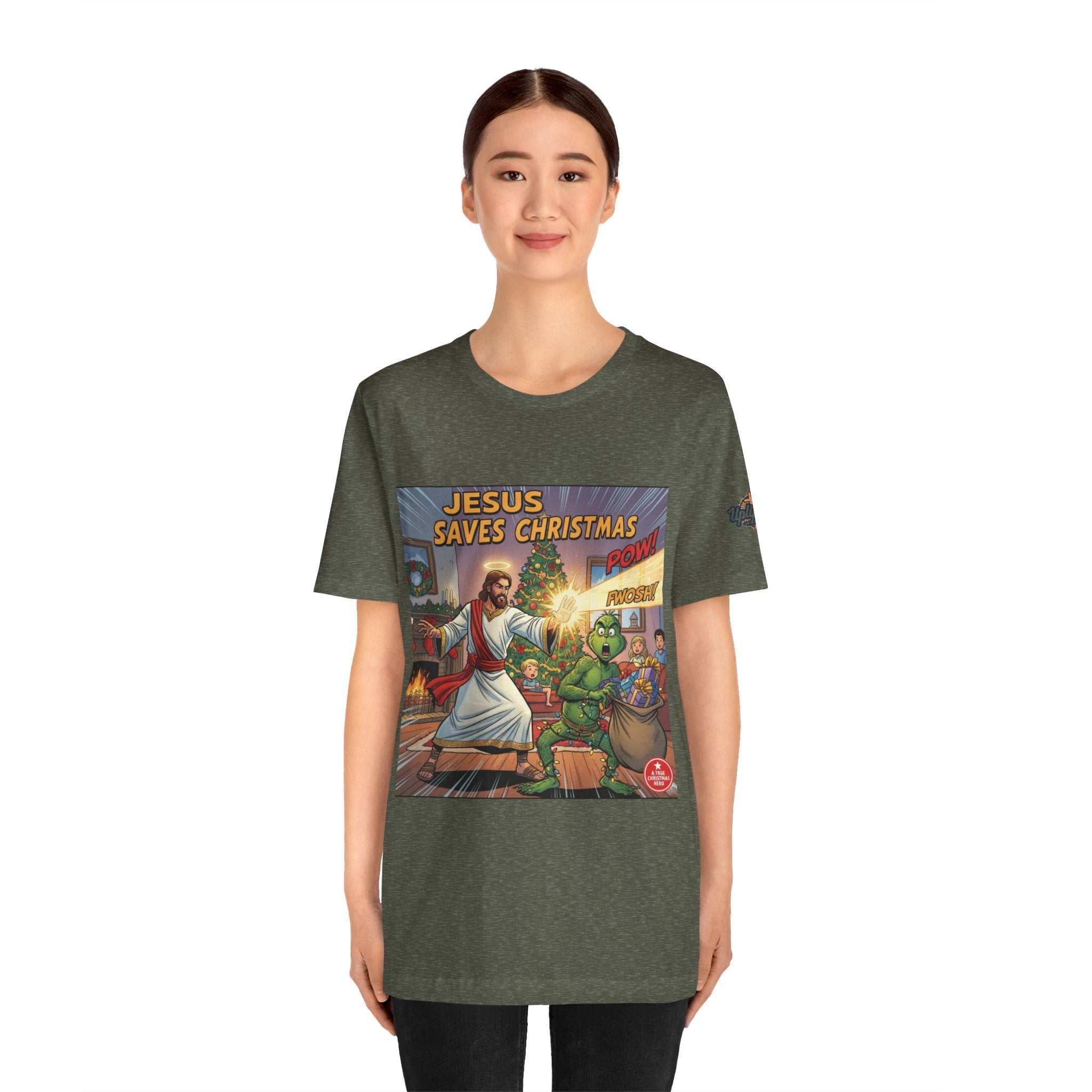 Jesus Saves Christmas T-shirt – Grinch vs Savior Light Battle Christian T-shirt for Hilarious Holiday Faith & True Joy Printify