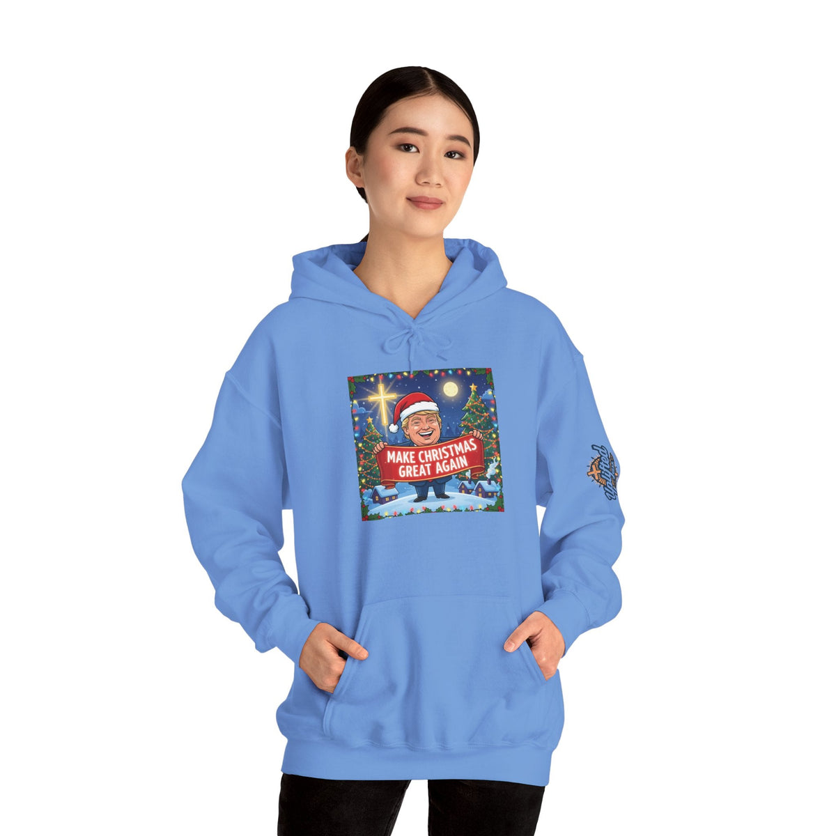 🎄 Make Christmas Great Again – Patriotic Christian Christmas Hoodie | Bold Holiday Faith Tee | Red & White Banner Design | Uplifted Gear Printify