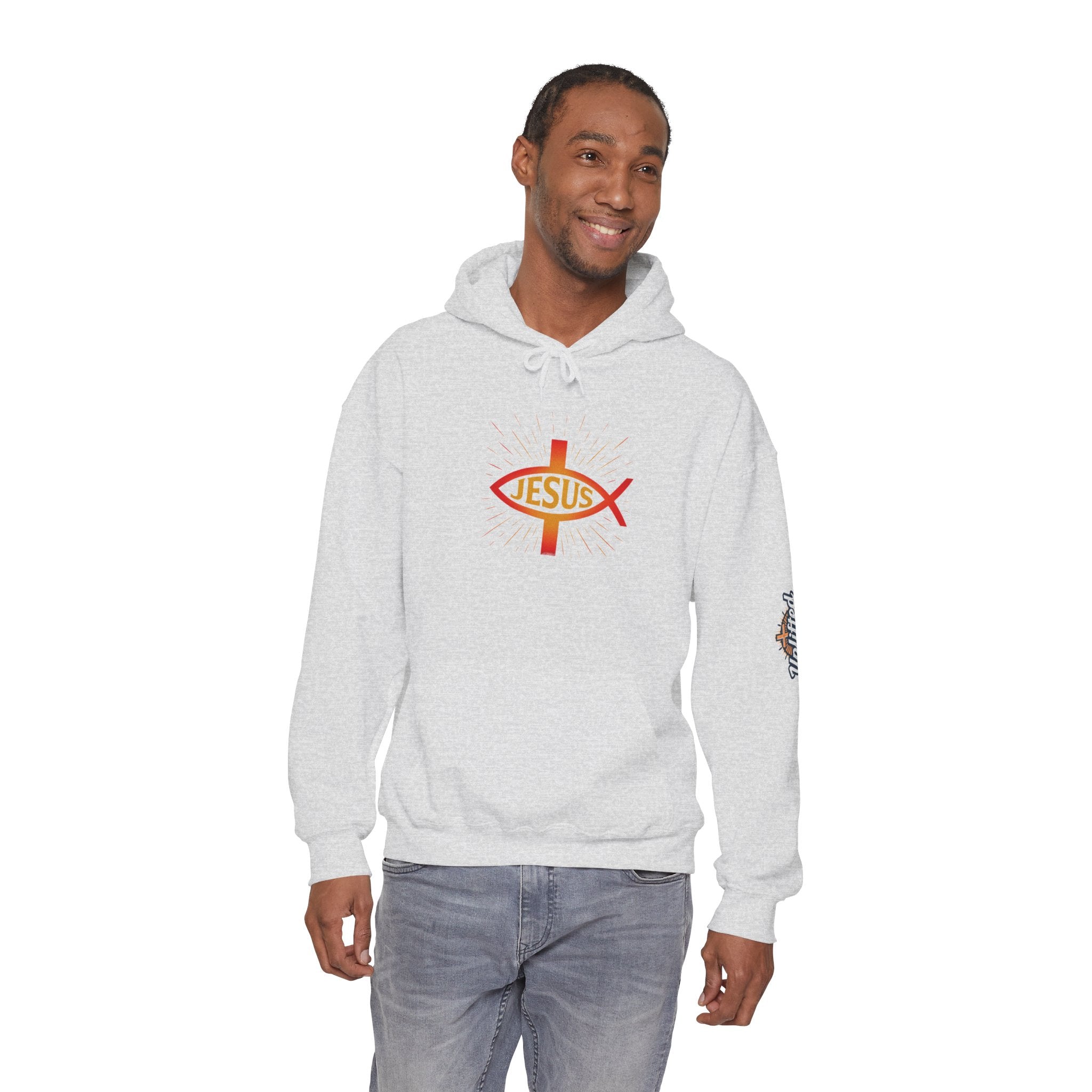 Jesus Ichthys Hoodie – Christian Fish Symbol with Cross & Jesus Inscription Sweatshirt for Eternal Faith & Streetwear Printify