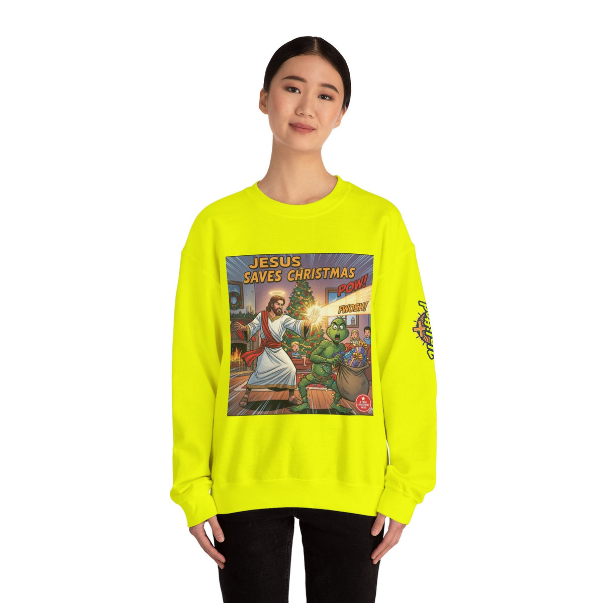 Jesus Saves Christmas Sweatshirt – Grinch vs Savior Light Battle Christian Sweatshirt for Hilarious Holiday Faith & True Joy Printify