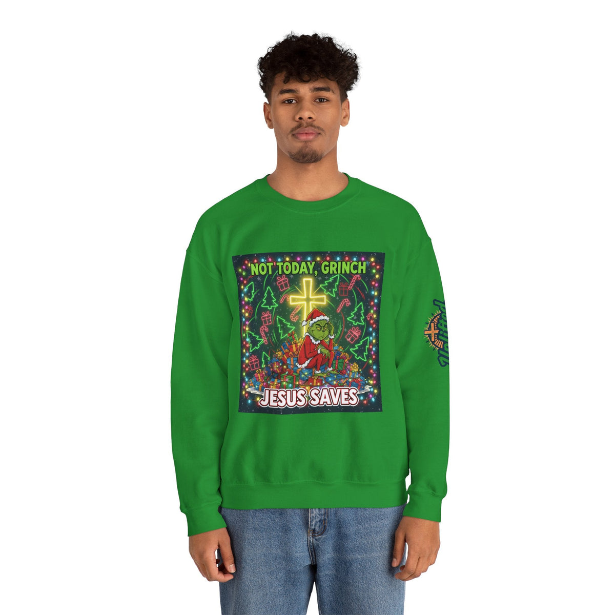 🎄 Not Today, Grinch – Jesus Saves | Funny Christian Christmas Sweatshirt | Festive Green & Red Cartoon Style | Bold Faith Holiday Tee by Uplifted Gear Printify