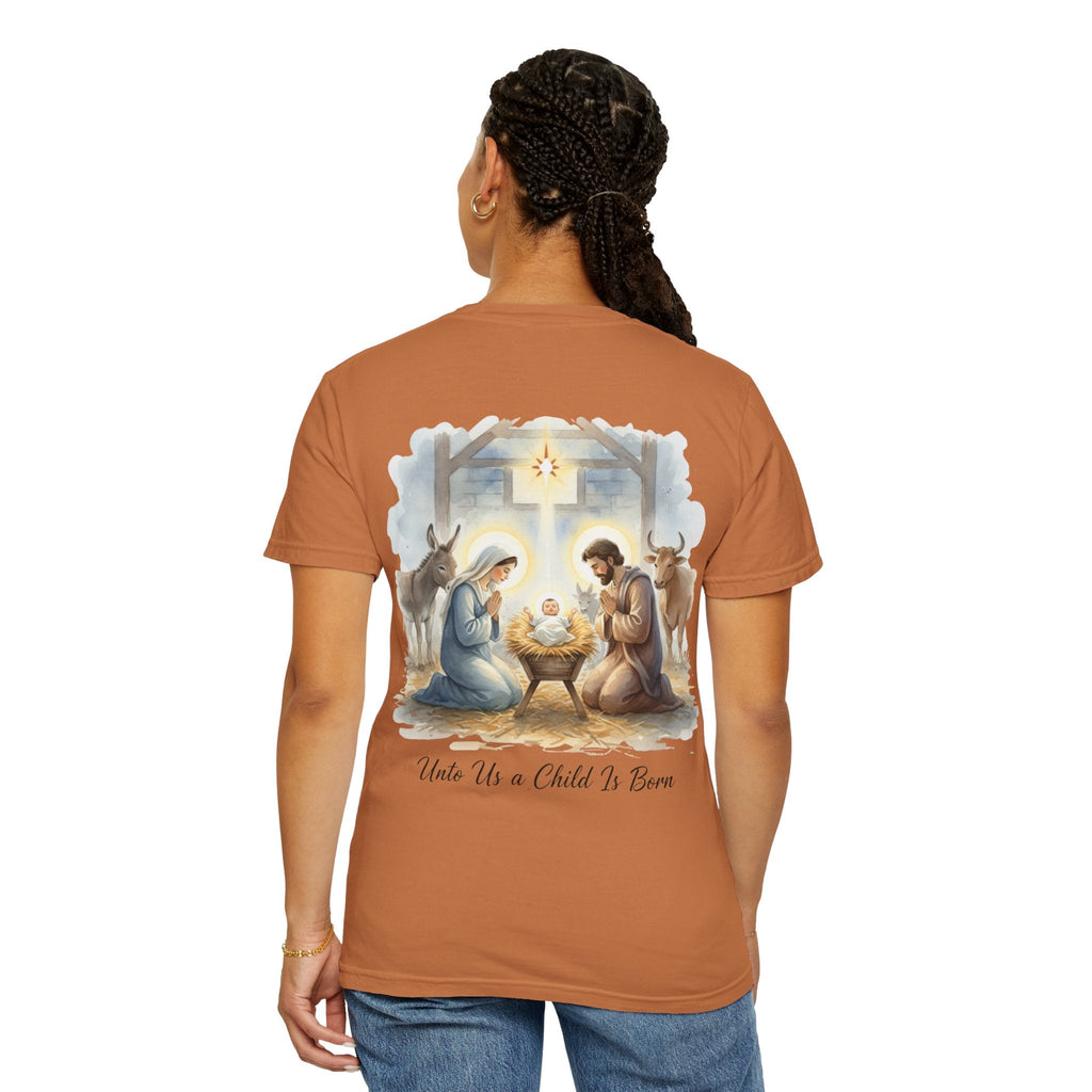 Unto Us a Child is Born T-shirt – Isaiah 9:6 Nativity Manger Scene Christian Christmas T-shirt for Holy Night Faith Printify